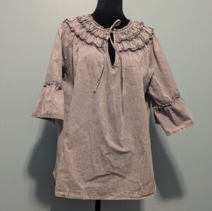 Mazik Women's Top Gray 100% Cotton Large 3/4 Sleeve Ruffle Boho